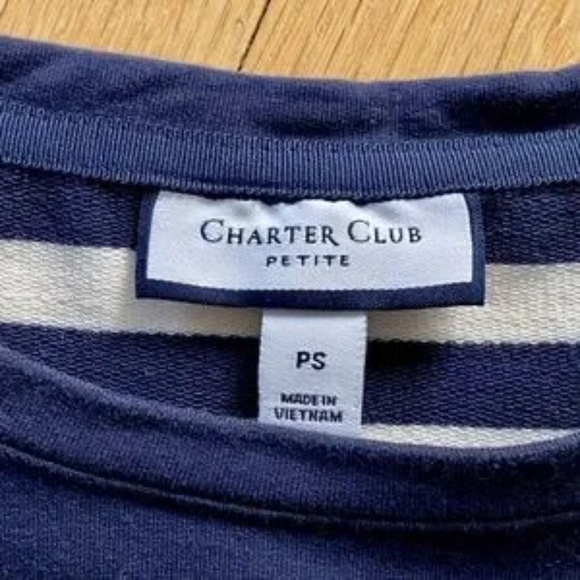 Charter Club Petite Small Striped High-Low Top Navy White Yellow Tie Detail - Picture 2 of 9